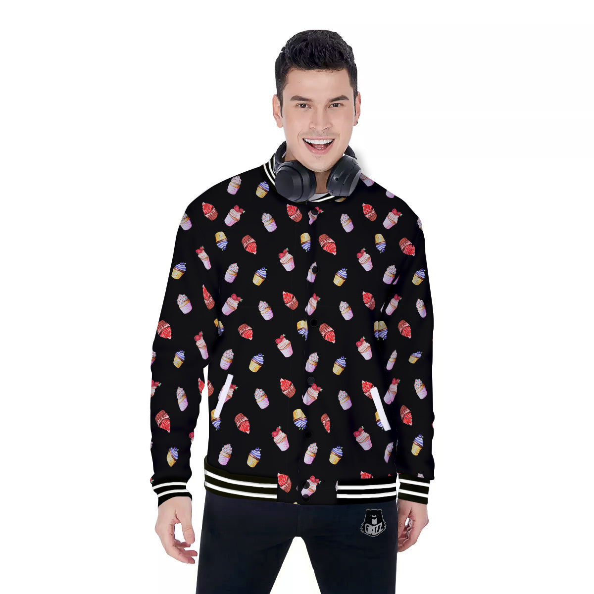 Cupcake Watercolor Print Pattern Baseball Jacket-grizzshop