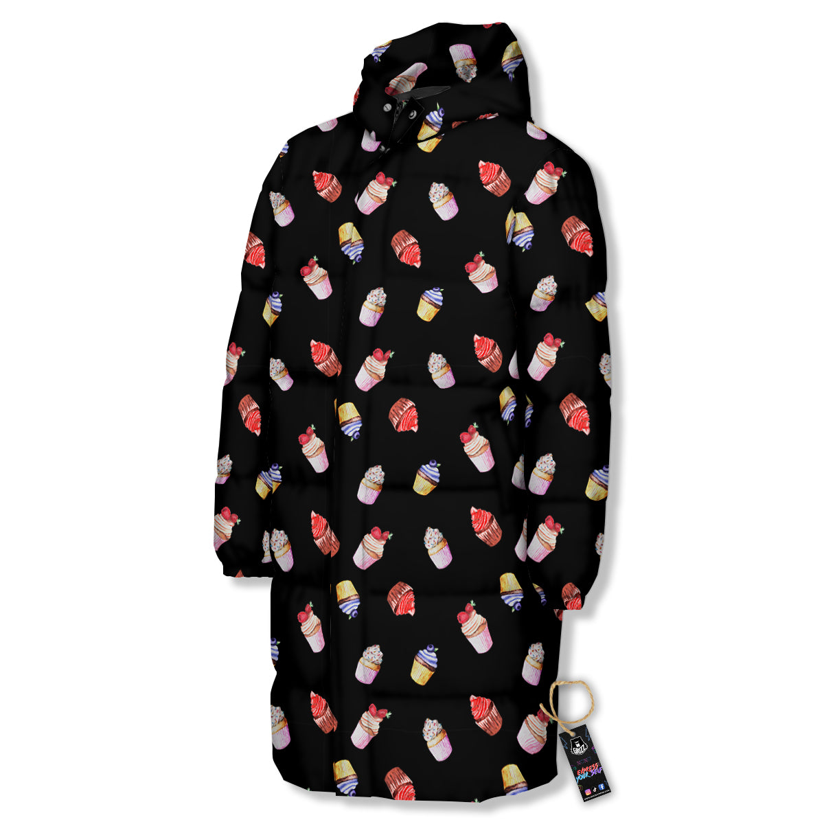 Cupcake Watercolor Print Pattern Long Down Jacket-grizzshop