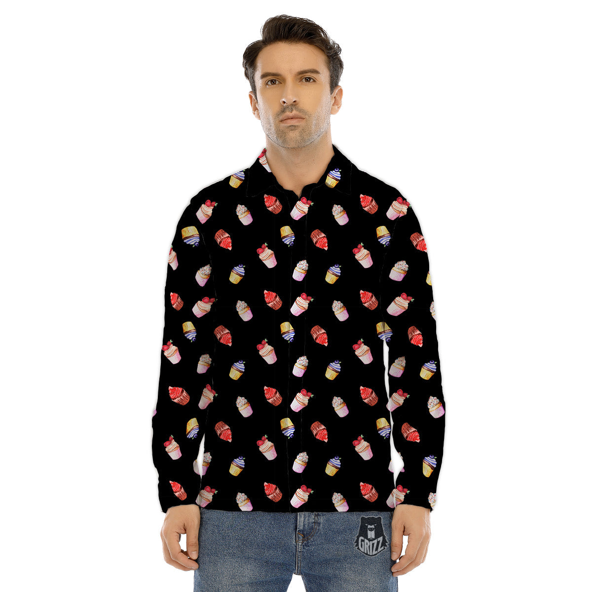 Cupcake Watercolor Print Pattern Men's Dress Shirts-grizzshop