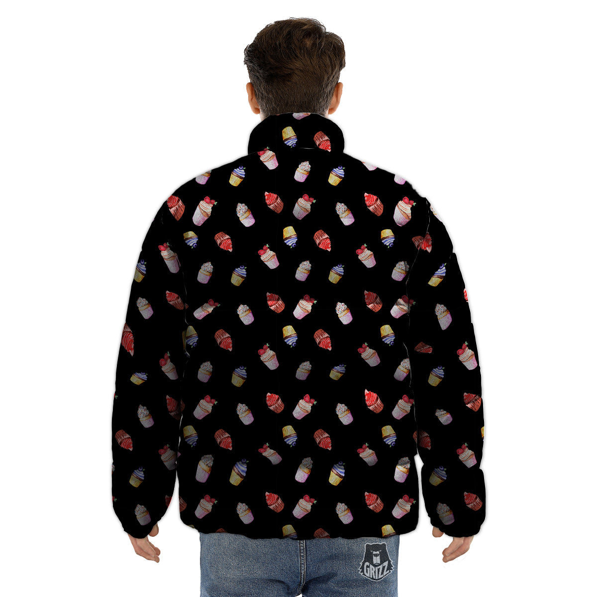 Cupcake Watercolor Print Pattern Puffer Jacket-grizzshop