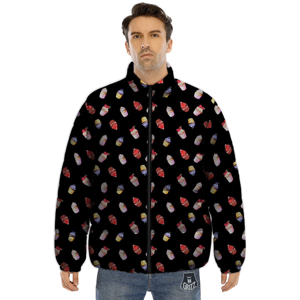 Cupcake Watercolor Print Pattern Puffer Jacket-grizzshop
