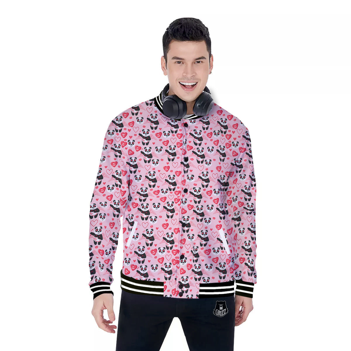 Cupid Valentine Cute Panda Print Pattern Baseball Jacket-grizzshop