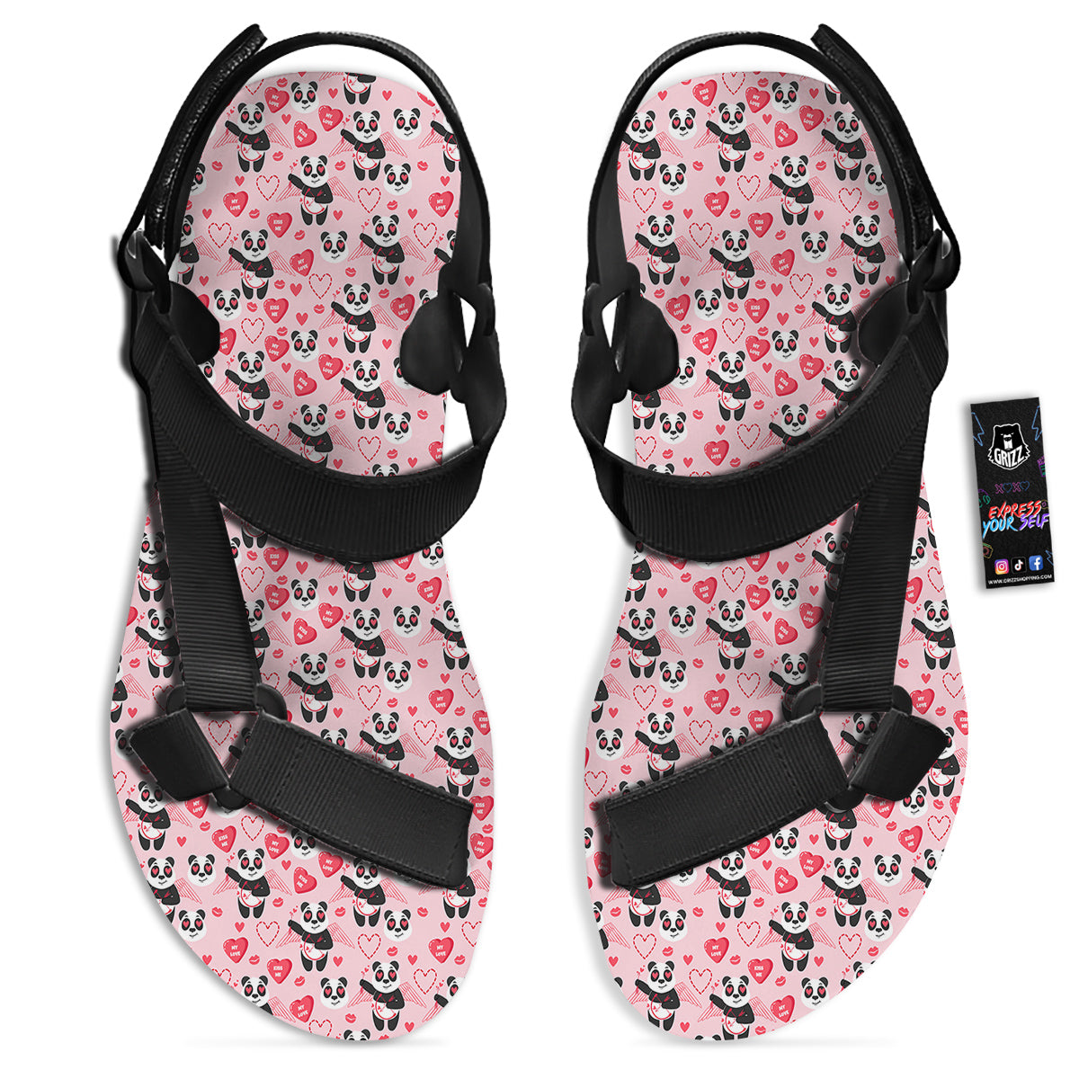 Cupid Valentine Cute Panda Print Pattern Black Open Toe Sandals-grizzshop