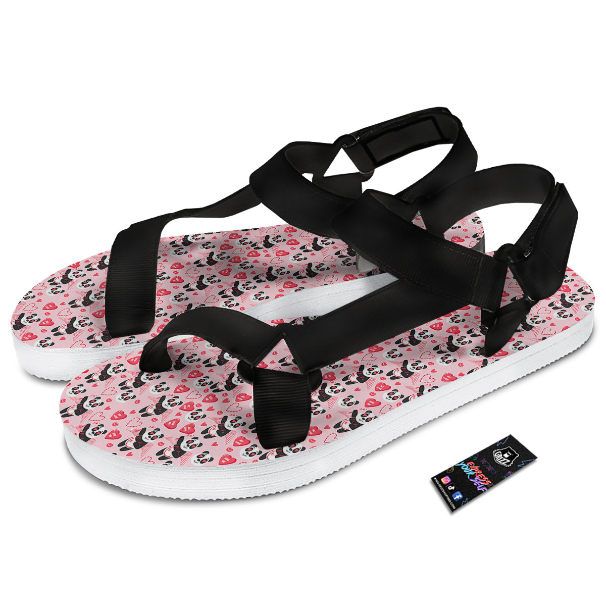 Cupid Valentine Cute Panda Print Pattern Black Open Toe Sandals-grizzshop