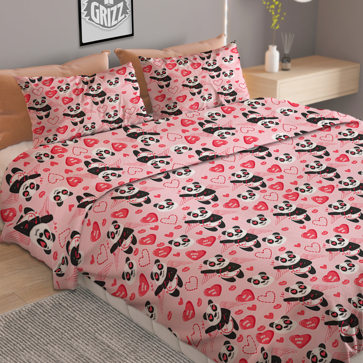 Cupid Valentine Cute Panda Print Pattern Duvet Cover Bedding Set