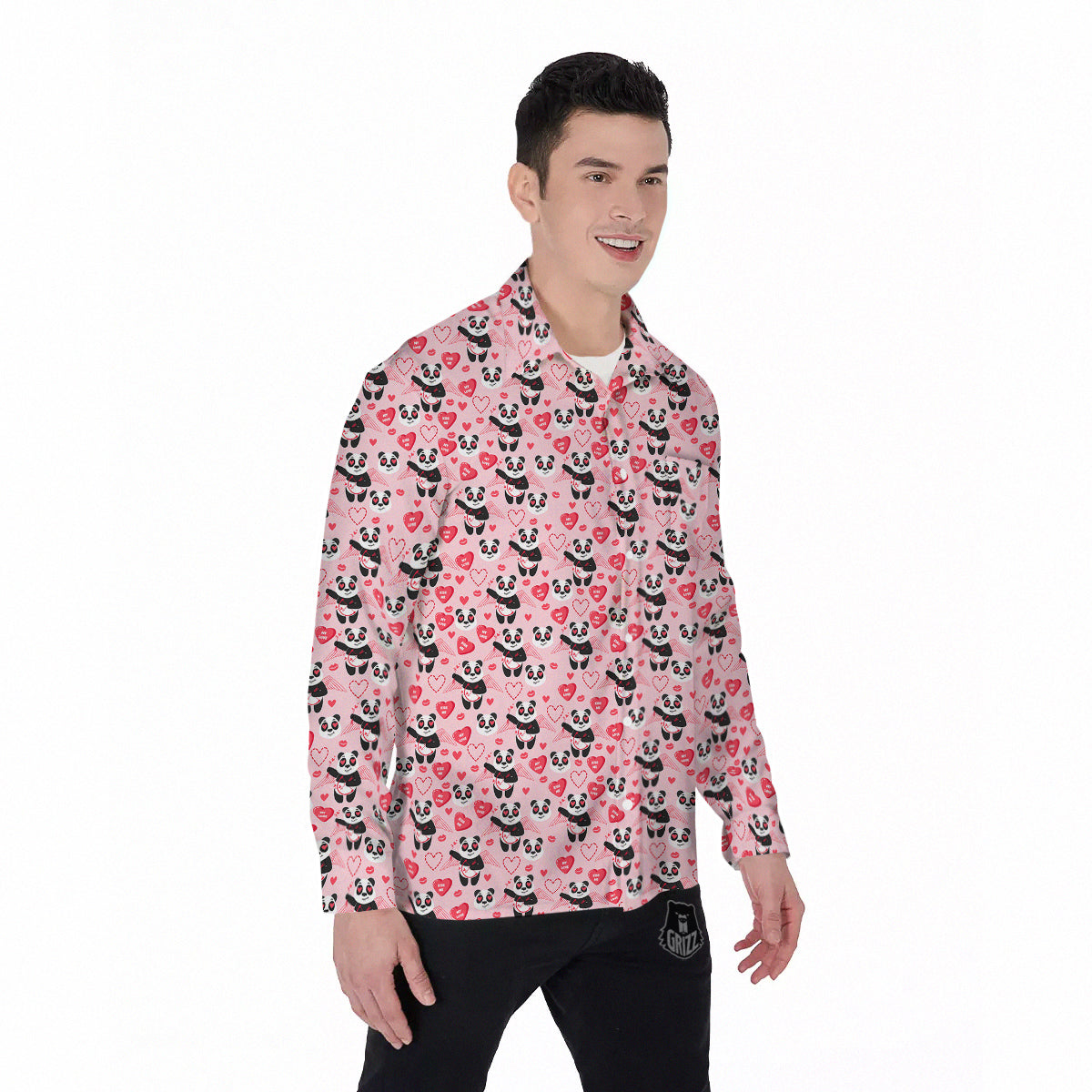 Cupid Valentine Cute Panda Print Pattern Men's Long Sleeve Shirts-grizzshop