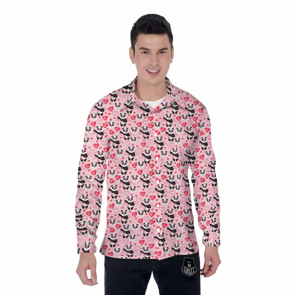 Cupid Valentine Cute Panda Print Pattern Men's Long Sleeve Shirts-grizzshop