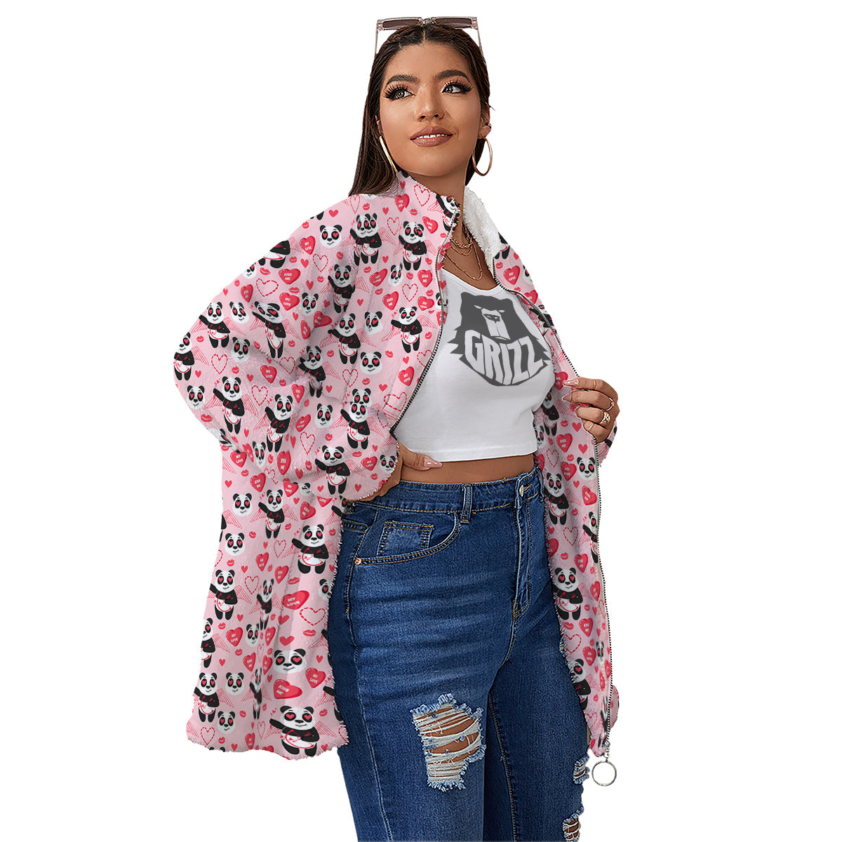 Cupid Valentine Cute Panda Print Pattern Women's Sherpa Jacket-grizzshop