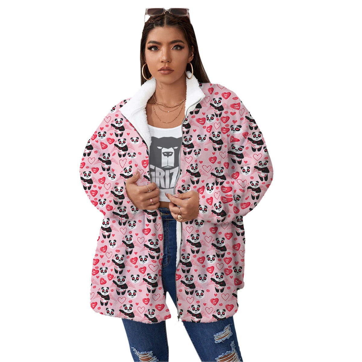 Cupid Valentine Cute Panda Print Pattern Women's Sherpa Jacket-grizzshop