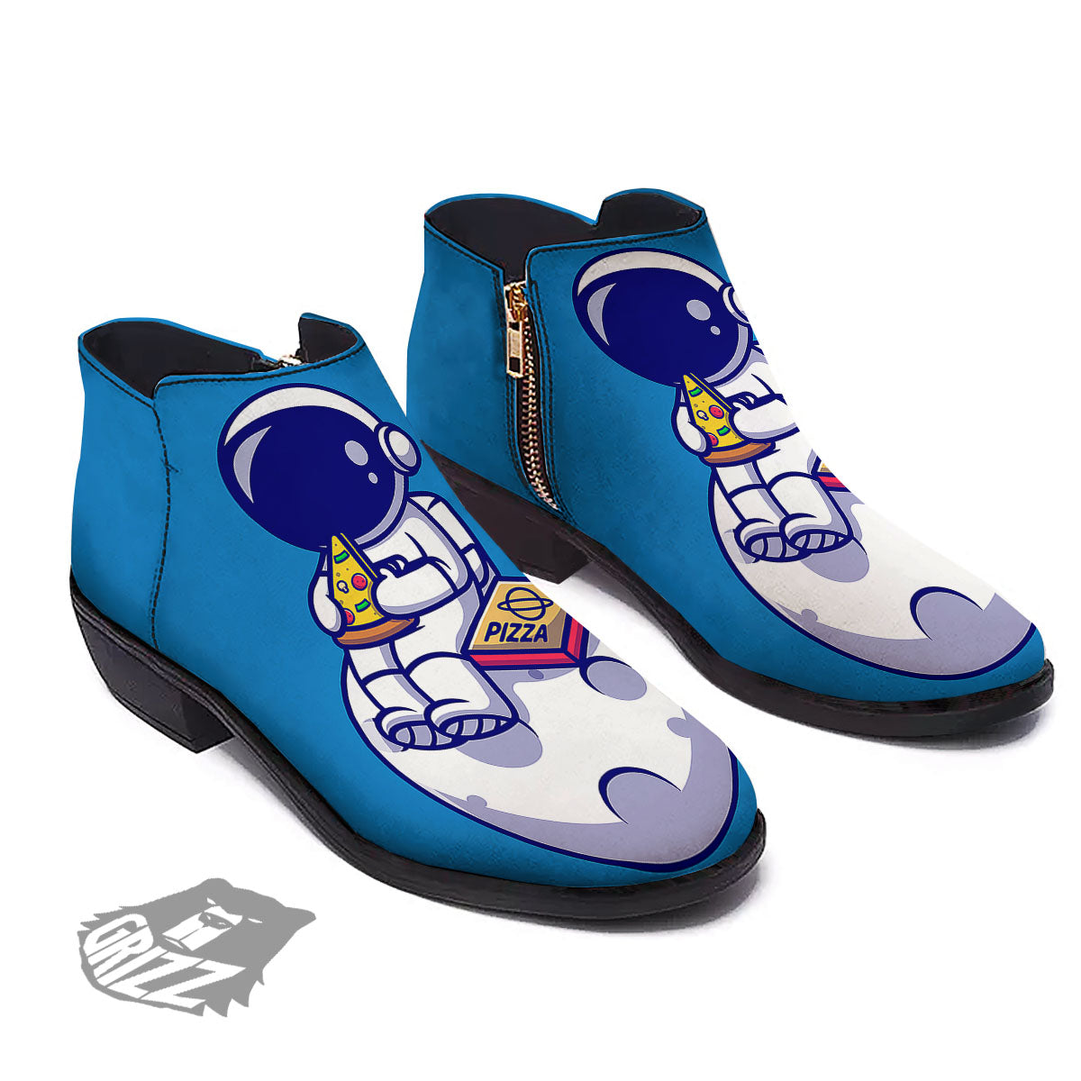 Cute Astronaut Eating Pizza Print Ankle Boots-grizzshop