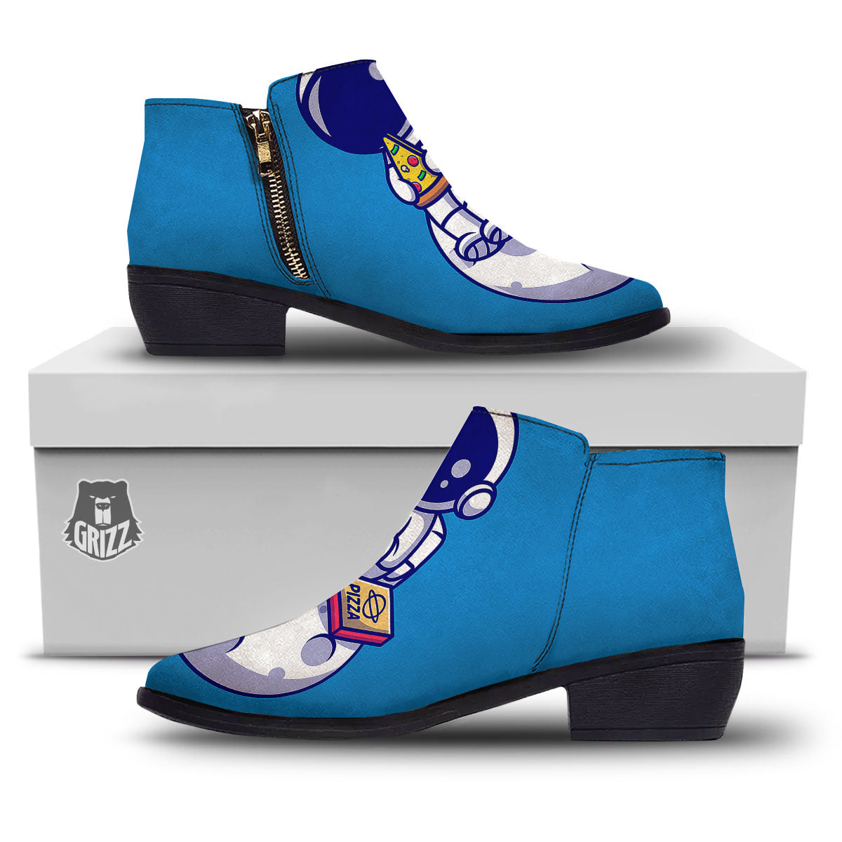 Cute Astronaut Eating Pizza Print Ankle Boots-grizzshop