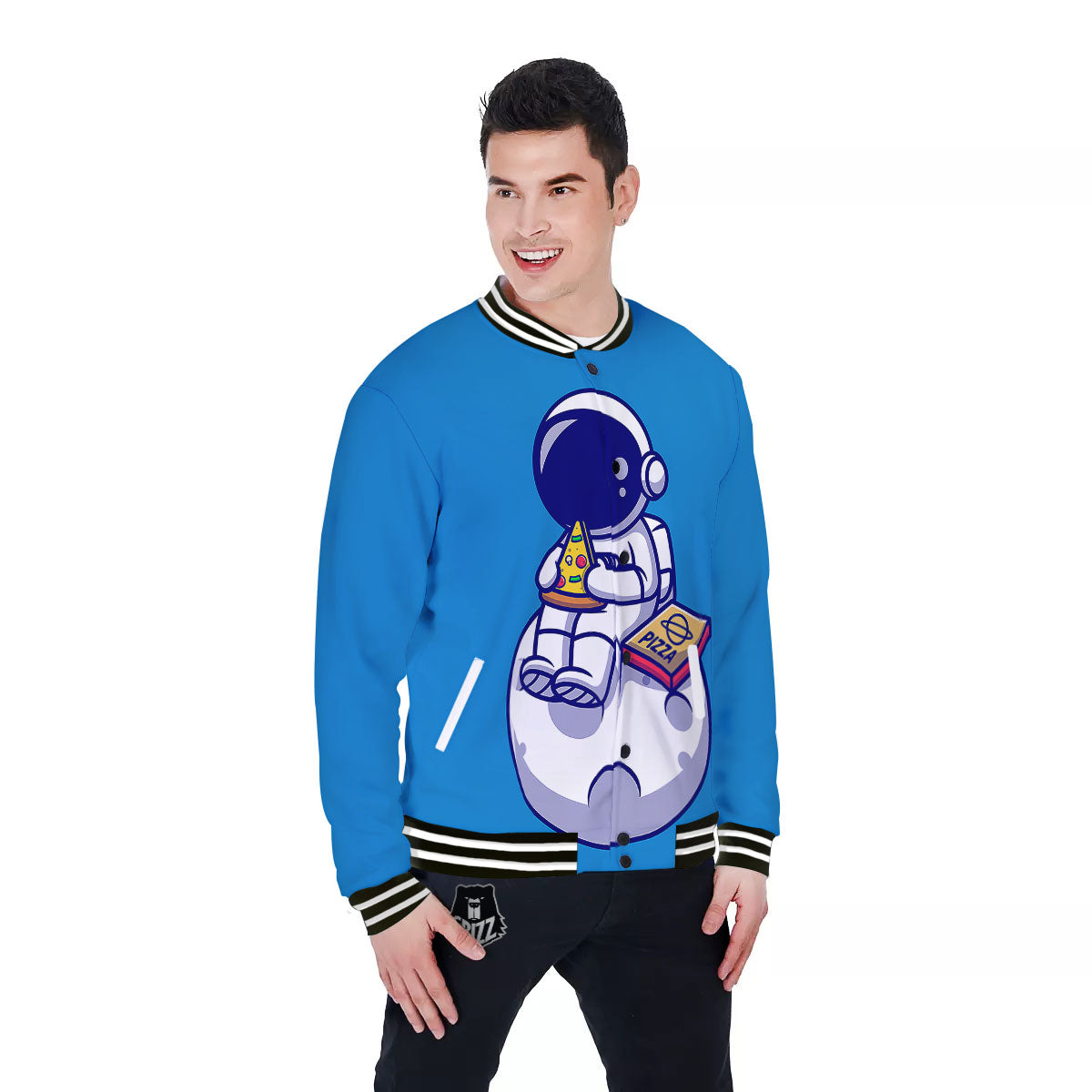 Cute Astronaut Eating Pizza Print Baseball Jacket-grizzshop