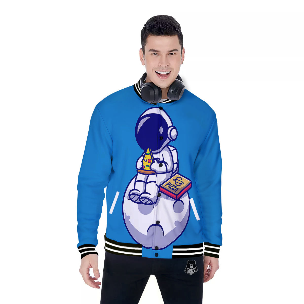 Cute Astronaut Eating Pizza Print Baseball Jacket-grizzshop