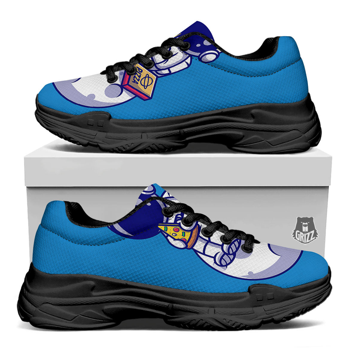 Cute Astronaut Eating Pizza Print Black Chunky Shoes-grizzshop