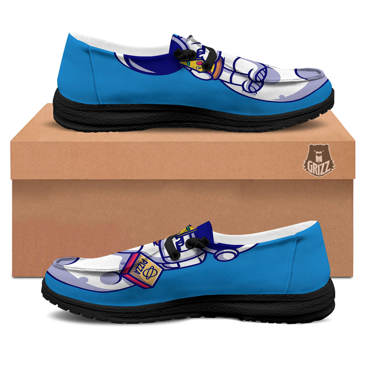 Cute Astronaut Eating Pizza Print Black Loafers-grizzshop