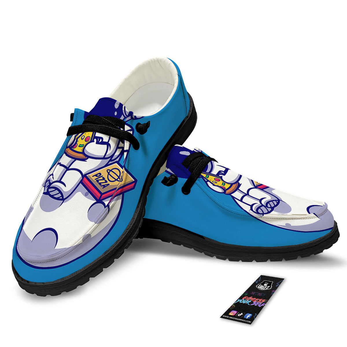 Cute Astronaut Eating Pizza Print Black Loafers-grizzshop