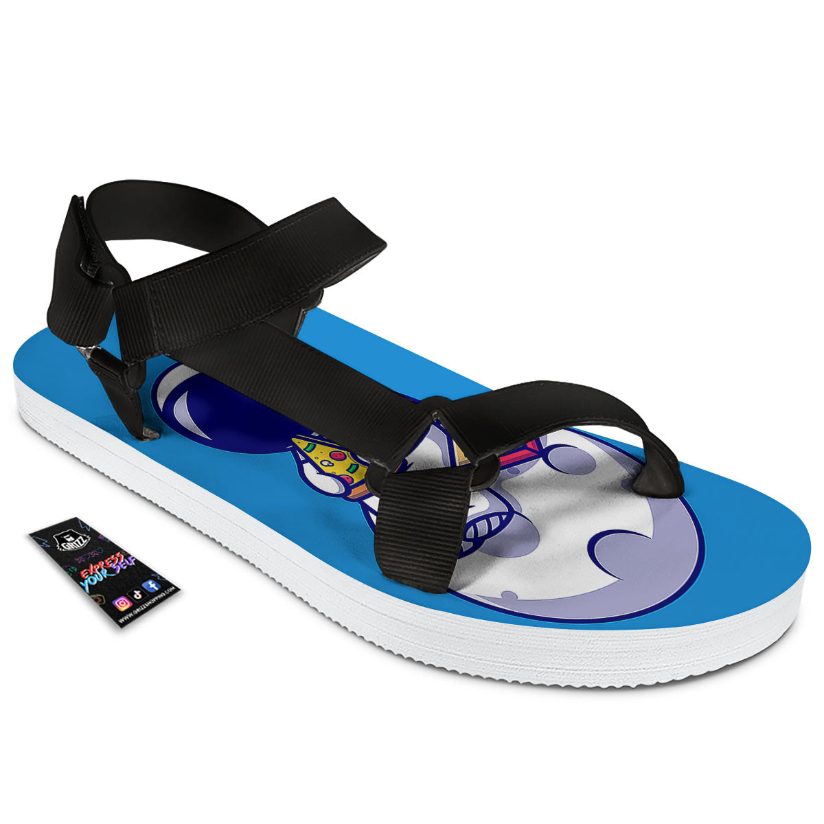 Cute Astronaut Eating Pizza Print Black Open Toe Sandals-grizzshop