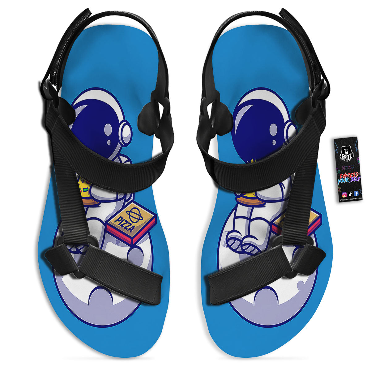 Cute Astronaut Eating Pizza Print Black Open Toe Sandals-grizzshop