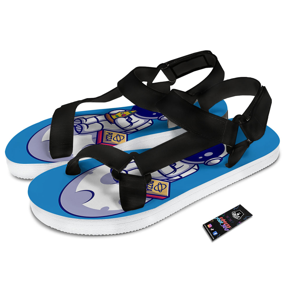 Cute Astronaut Eating Pizza Print Black Open Toe Sandals-grizzshop