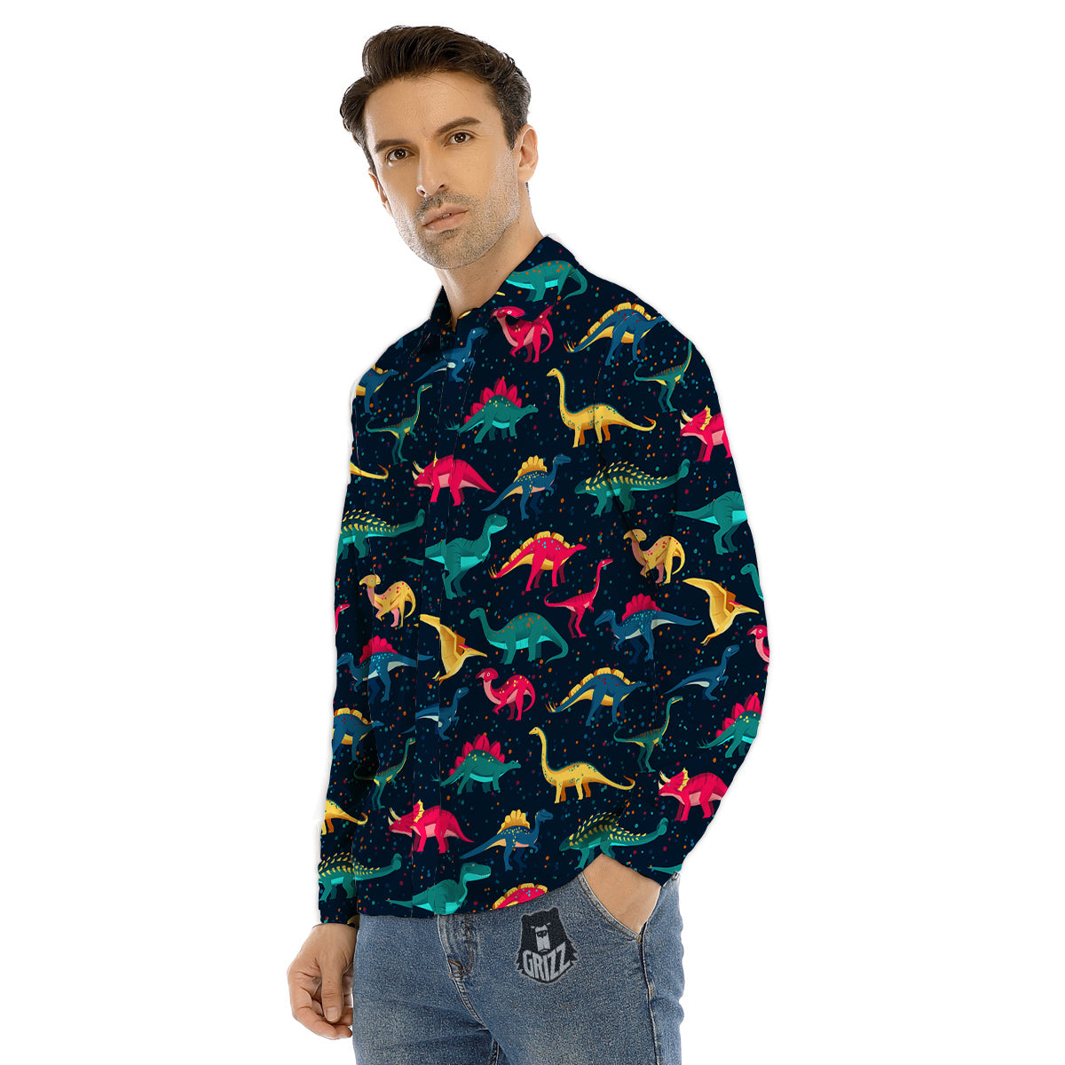Cute Astronaut Eating Pizza Print Men's Dress Shirts-grizzshop