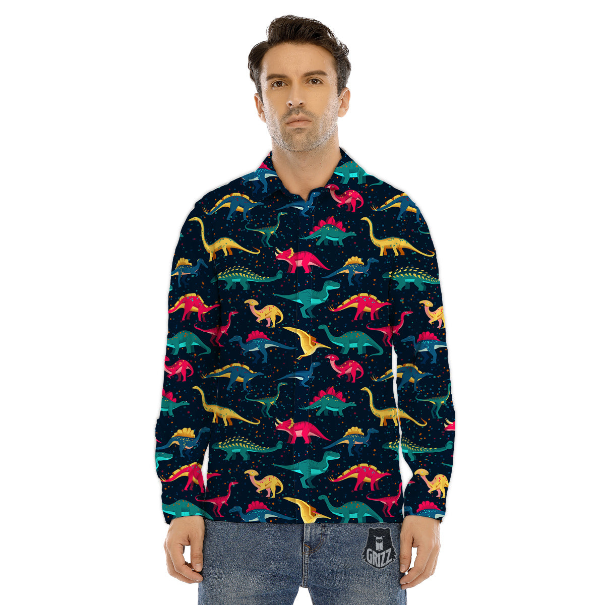 Cute Astronaut Eating Pizza Print Men's Dress Shirts-grizzshop