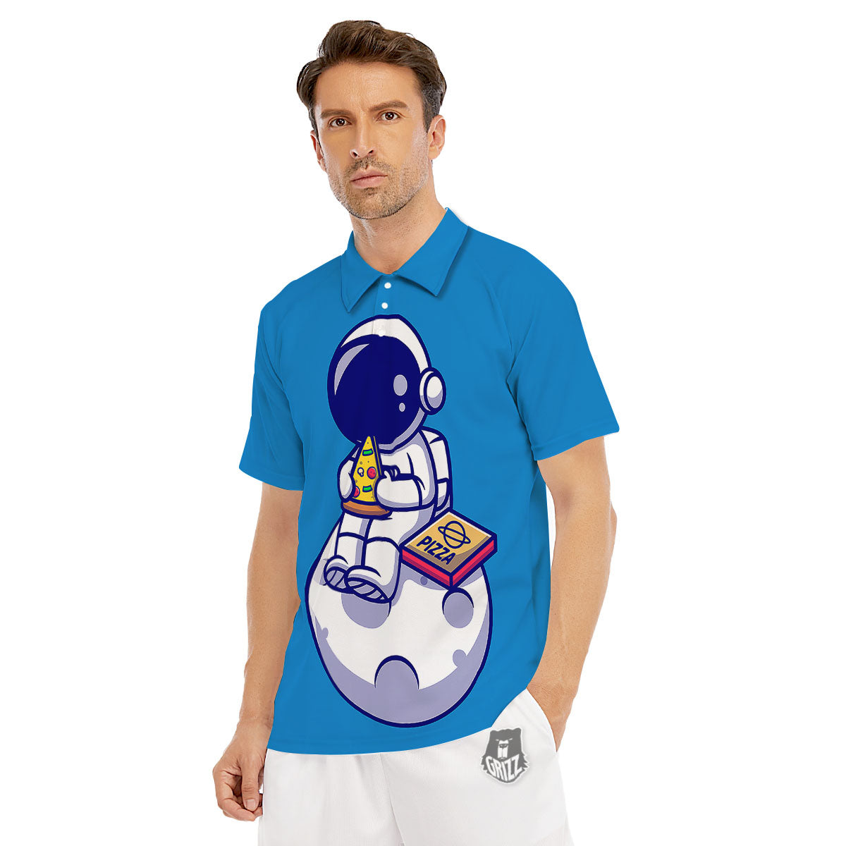 Cute Astronaut Eating Pizza Print Men's Golf Shirts-grizzshop