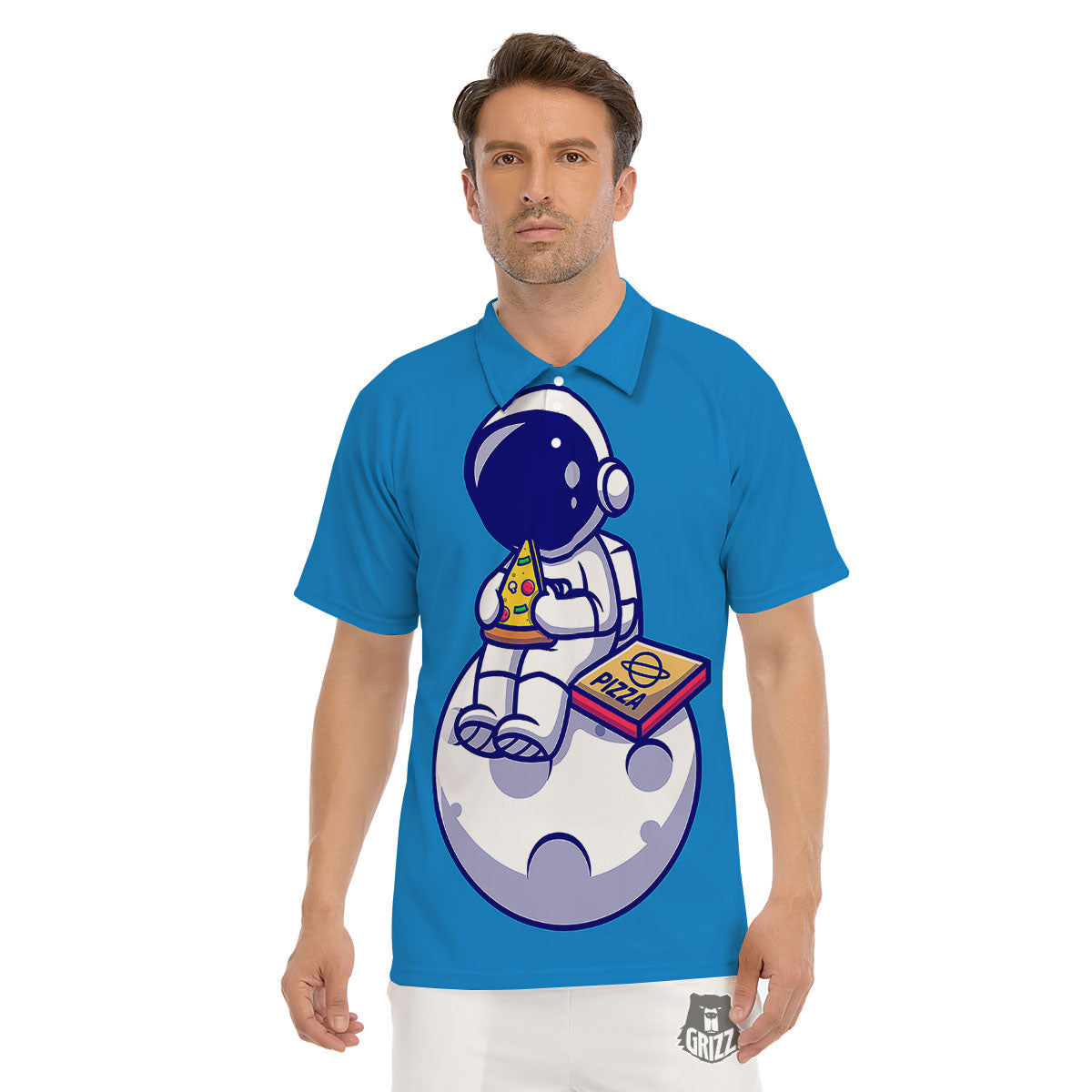 Cute Astronaut Eating Pizza Print Men's Golf Shirts-grizzshop