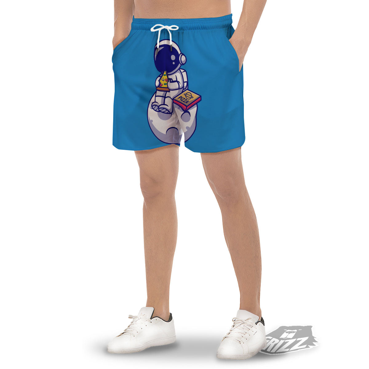Cute Astronaut Eating Pizza Print Men's Gym Shorts-grizzshop