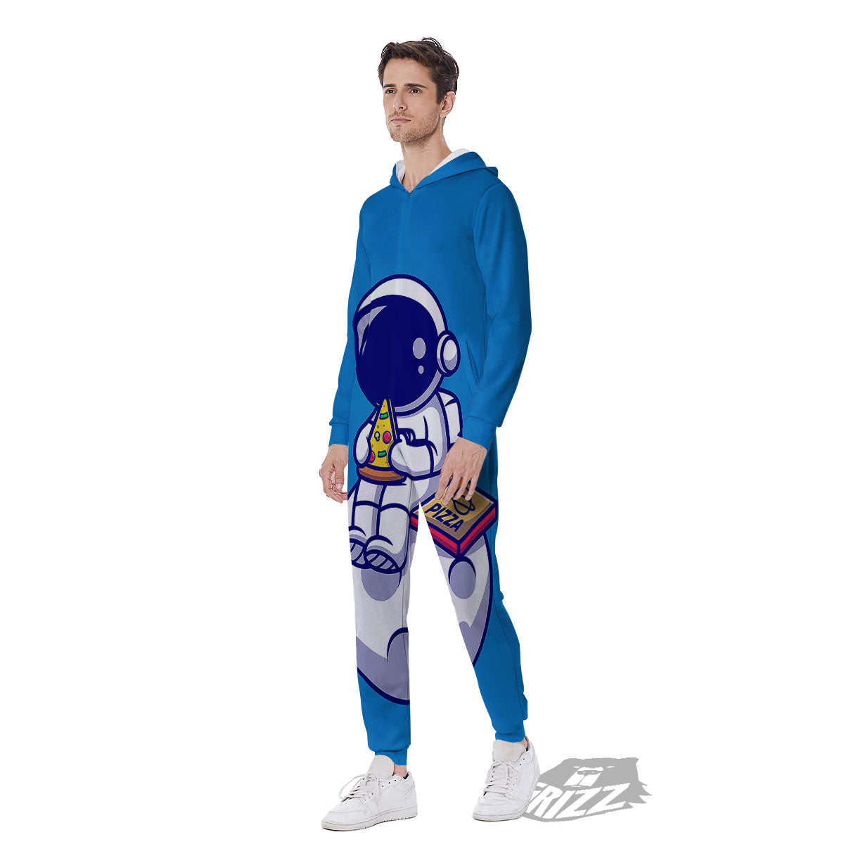 Cute Astronaut Eating Pizza Print Men's Jumpsuit-grizzshop
