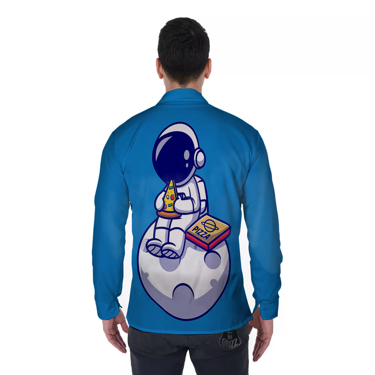 Cute Astronaut Eating Pizza Print Men's Long Sleeve Shirts-grizzshop