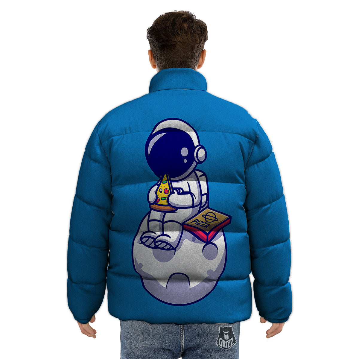 Cute Astronaut Eating Pizza Print Puffer Jacket-grizzshop