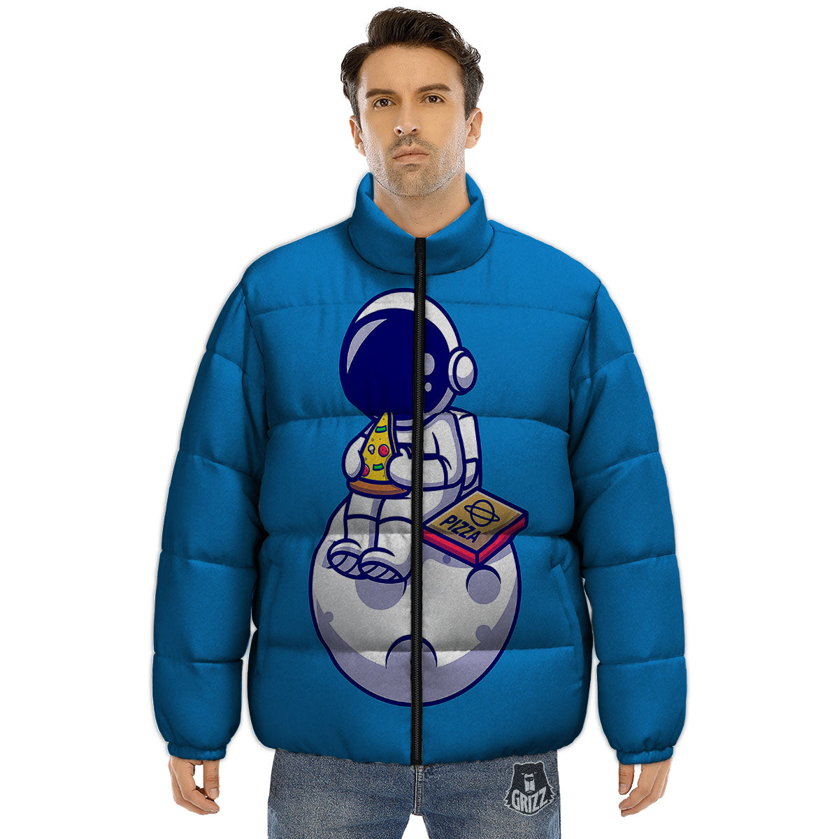 Cute Astronaut Eating Pizza Print Puffer Jacket-grizzshop
