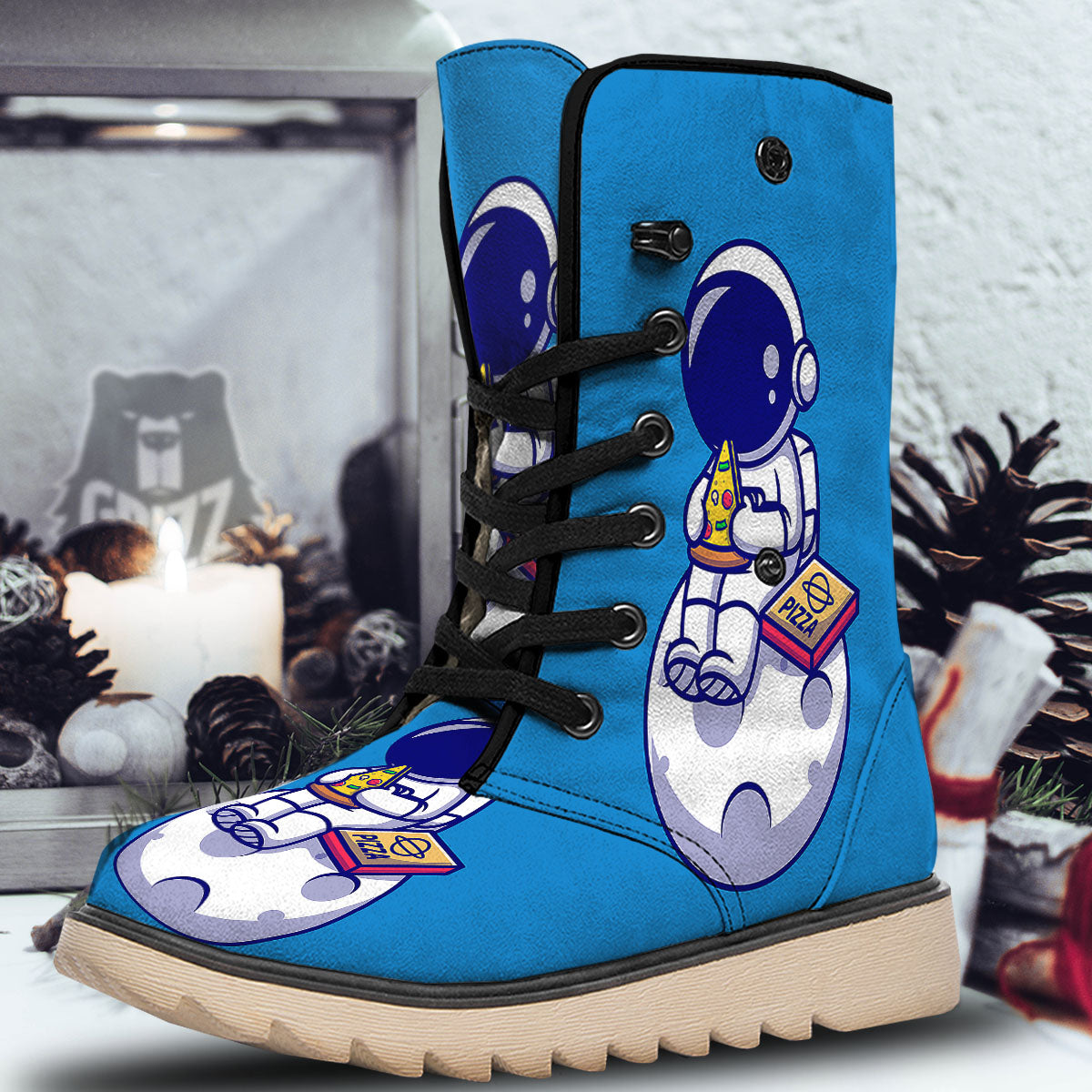 Cute Astronaut Eating Pizza Print Snow Boots-grizzshop