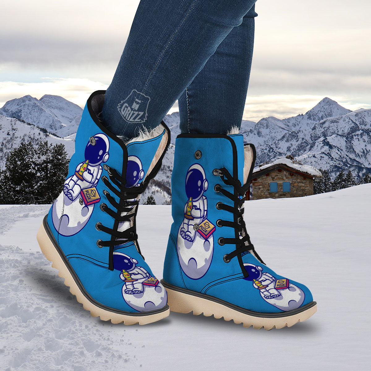 Cute Astronaut Eating Pizza Print Snow Boots-grizzshop