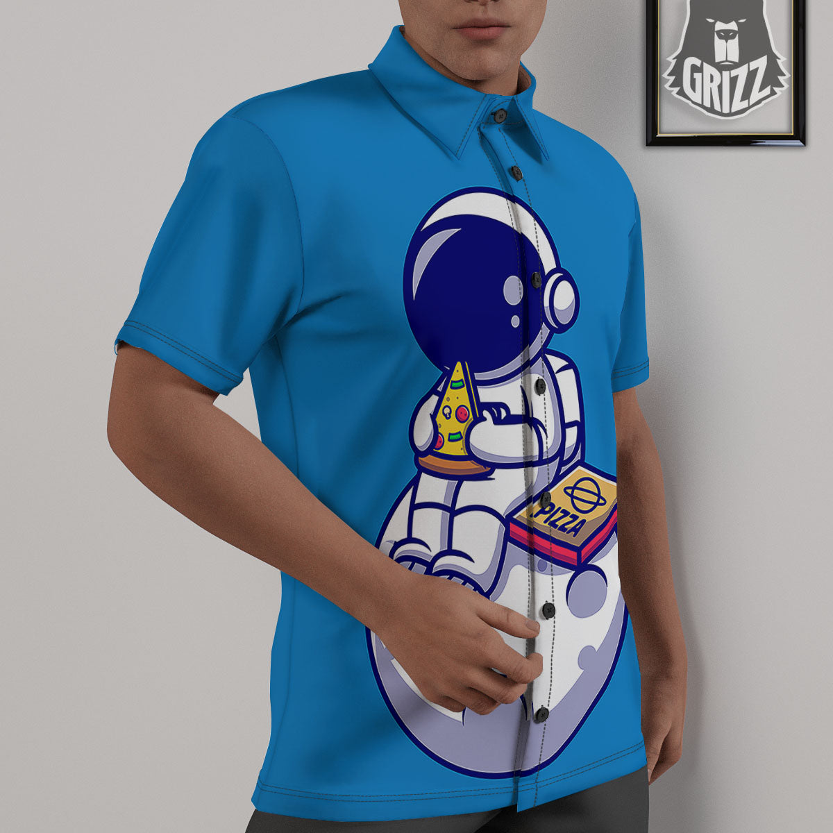 Cute Astronaut Eating Pizza Print Untucked Shirts-grizzshop