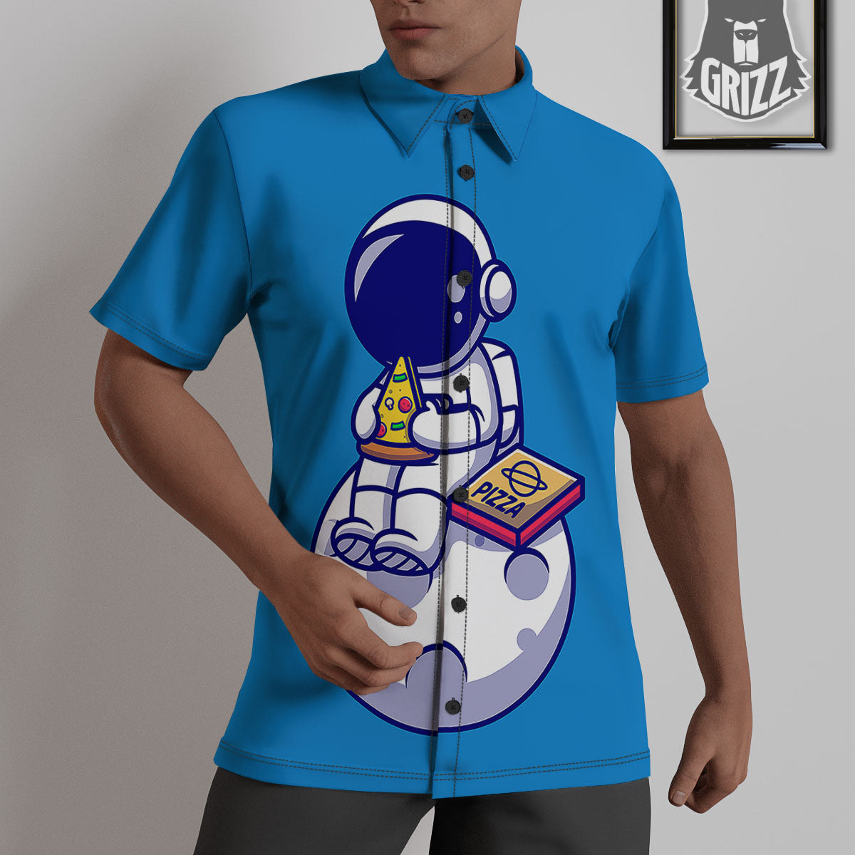 Cute Astronaut Eating Pizza Print Untucked Shirts-grizzshop