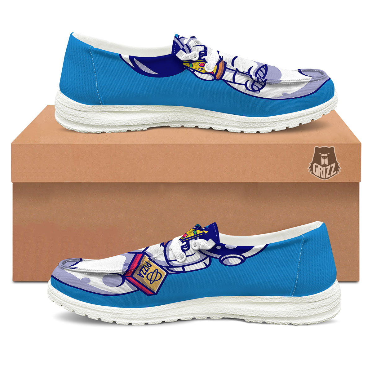 Cute Astronaut Eating Pizza Print White Loafers-grizzshop