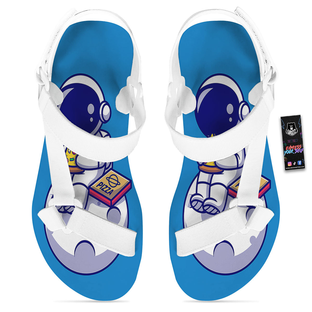 Cute Astronaut Eating Pizza Print White Open Toe Sandals-grizzshop