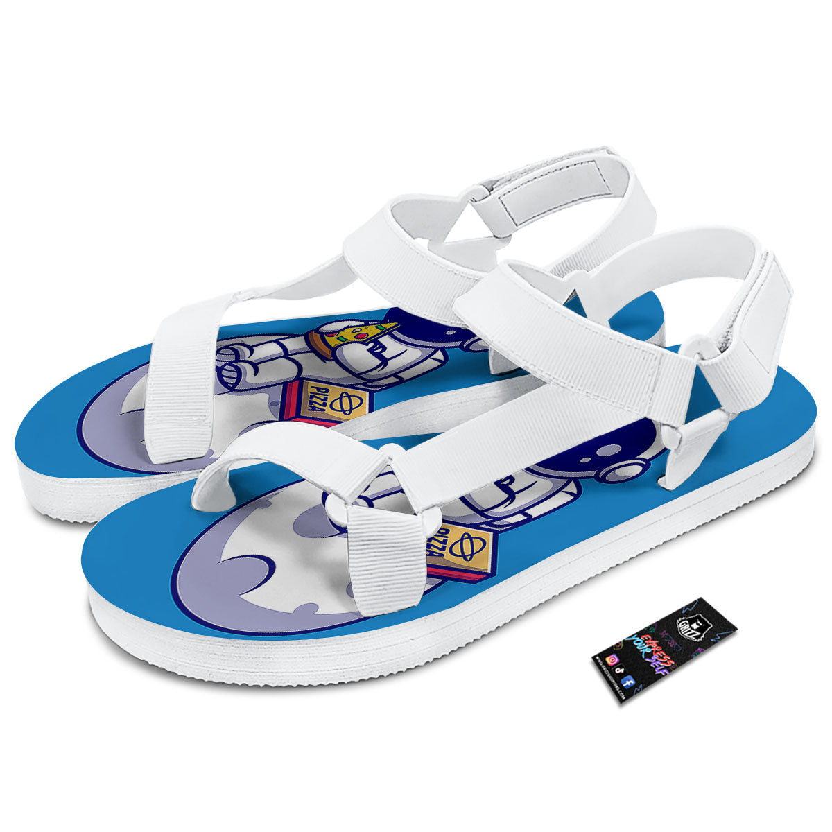 Cute Astronaut Eating Pizza Print White Open Toe Sandals-grizzshop