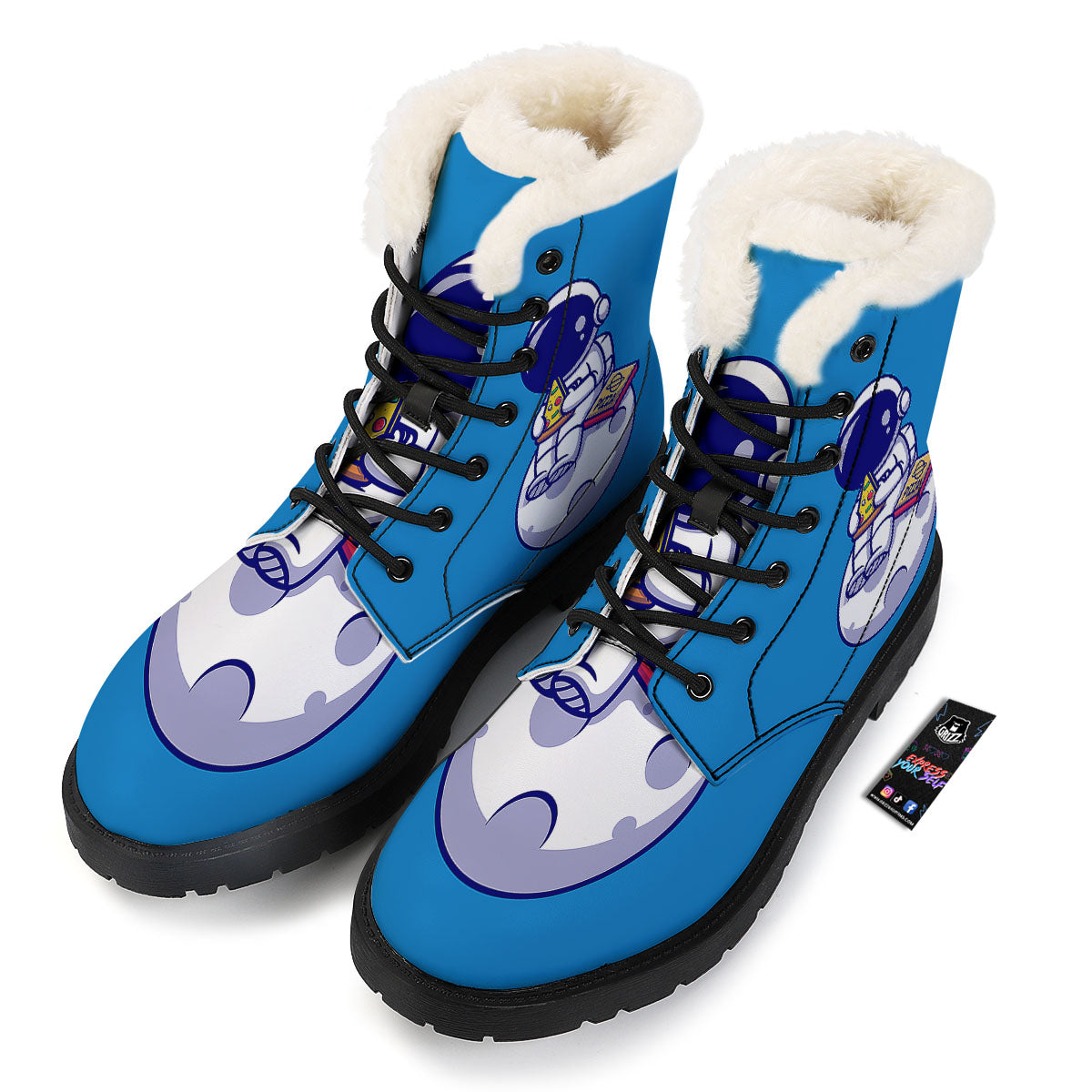 Cute Astronaut Eating Pizza Print Winter Boots-grizzshop