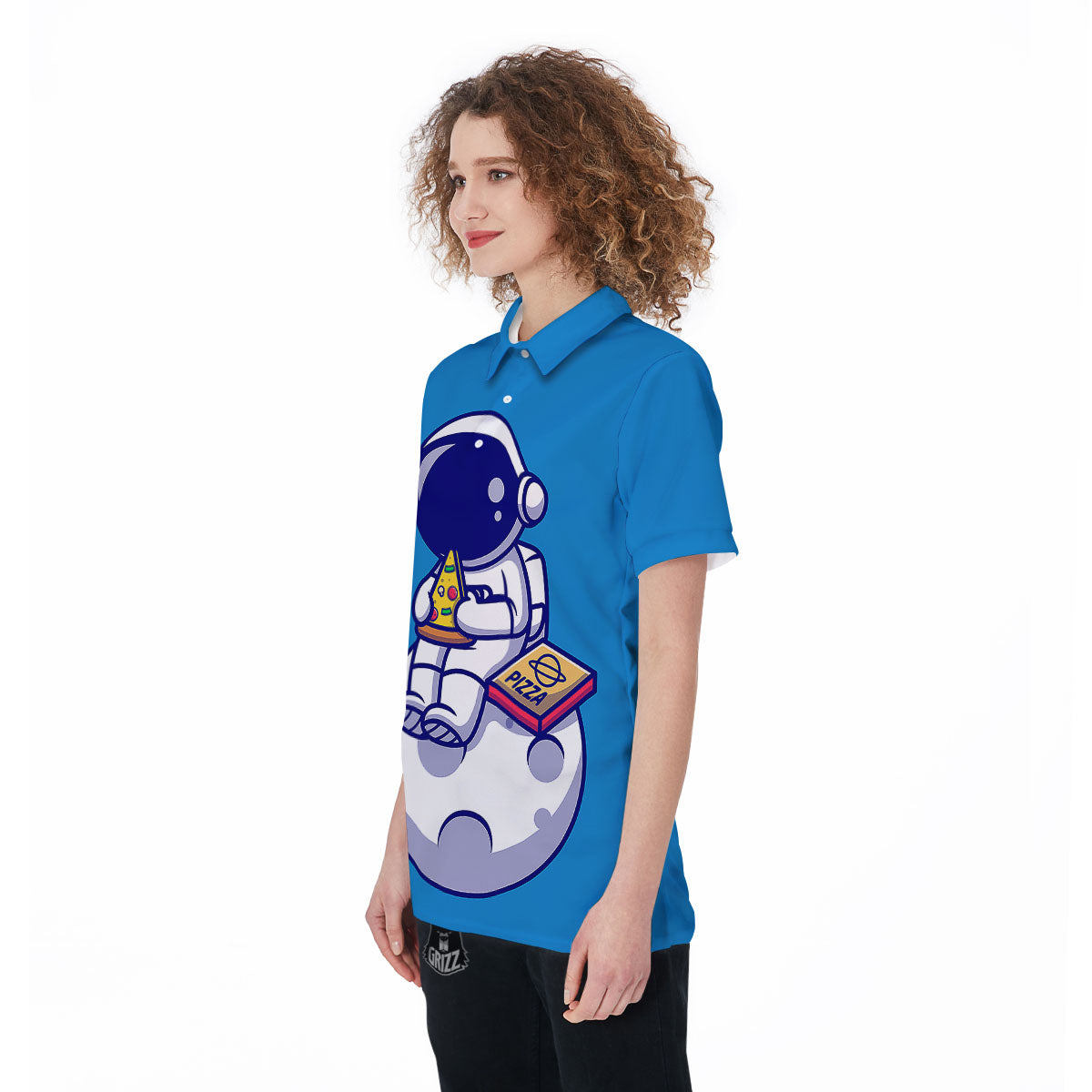 Cute Astronaut Eating Pizza Print Women's Golf Shirts-grizzshop