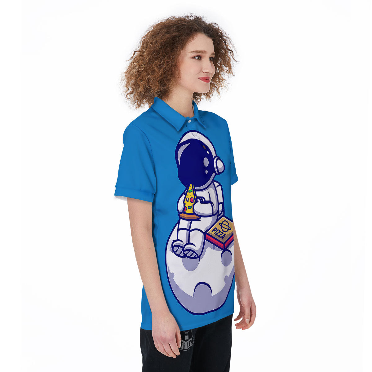 Cute Astronaut Eating Pizza Print Women's Golf Shirts-grizzshop