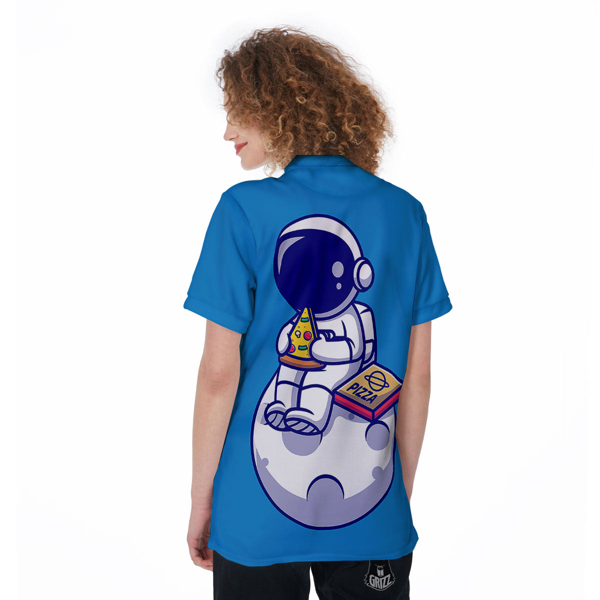 Cute Astronaut Eating Pizza Print Women's Golf Shirts-grizzshop