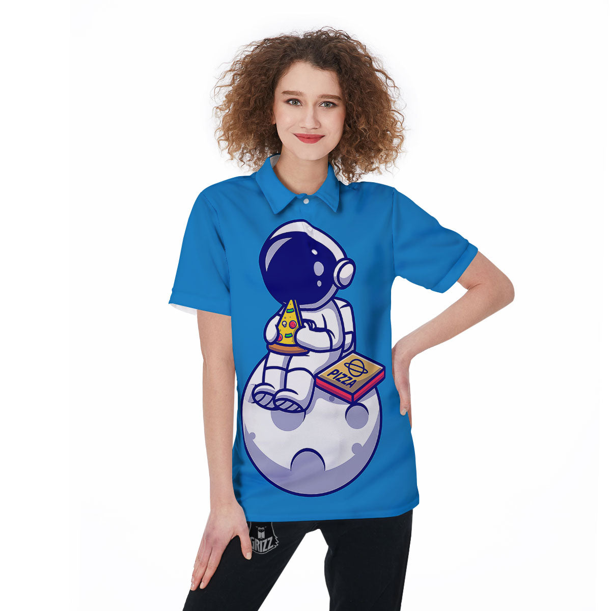 Cute Astronaut Eating Pizza Print Women's Golf Shirts-grizzshop