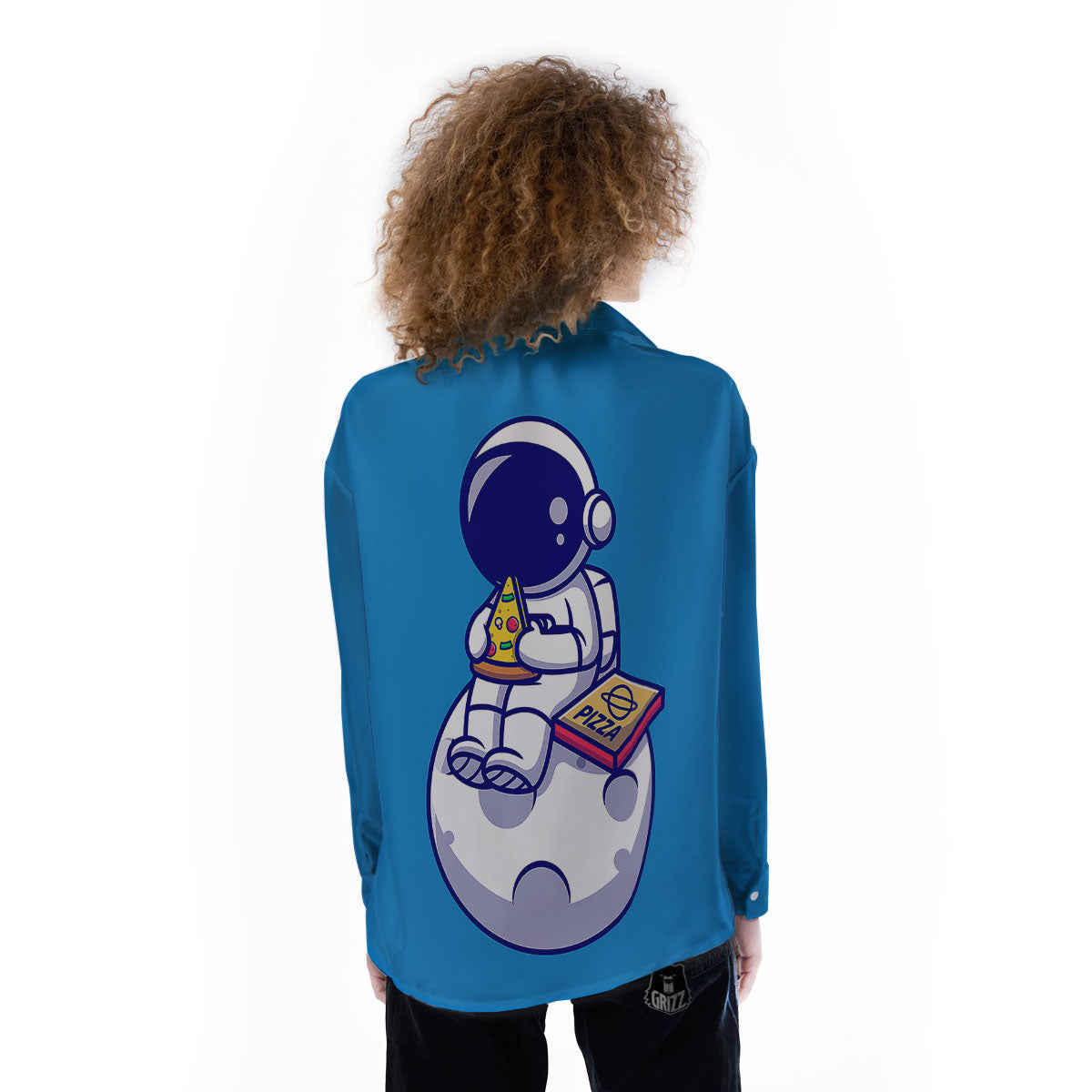 Cute Astronaut Eating Pizza Print Women's Long Sleeve Shirts-grizzshop
