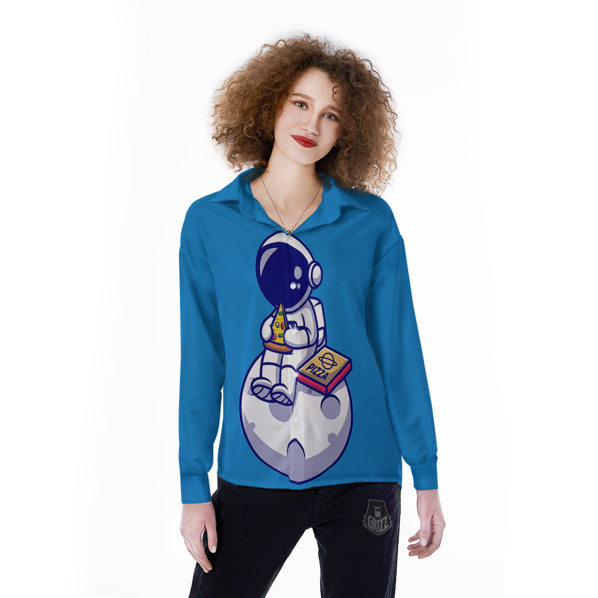 Cute Astronaut Eating Pizza Print Women's Long Sleeve Shirts-grizzshop