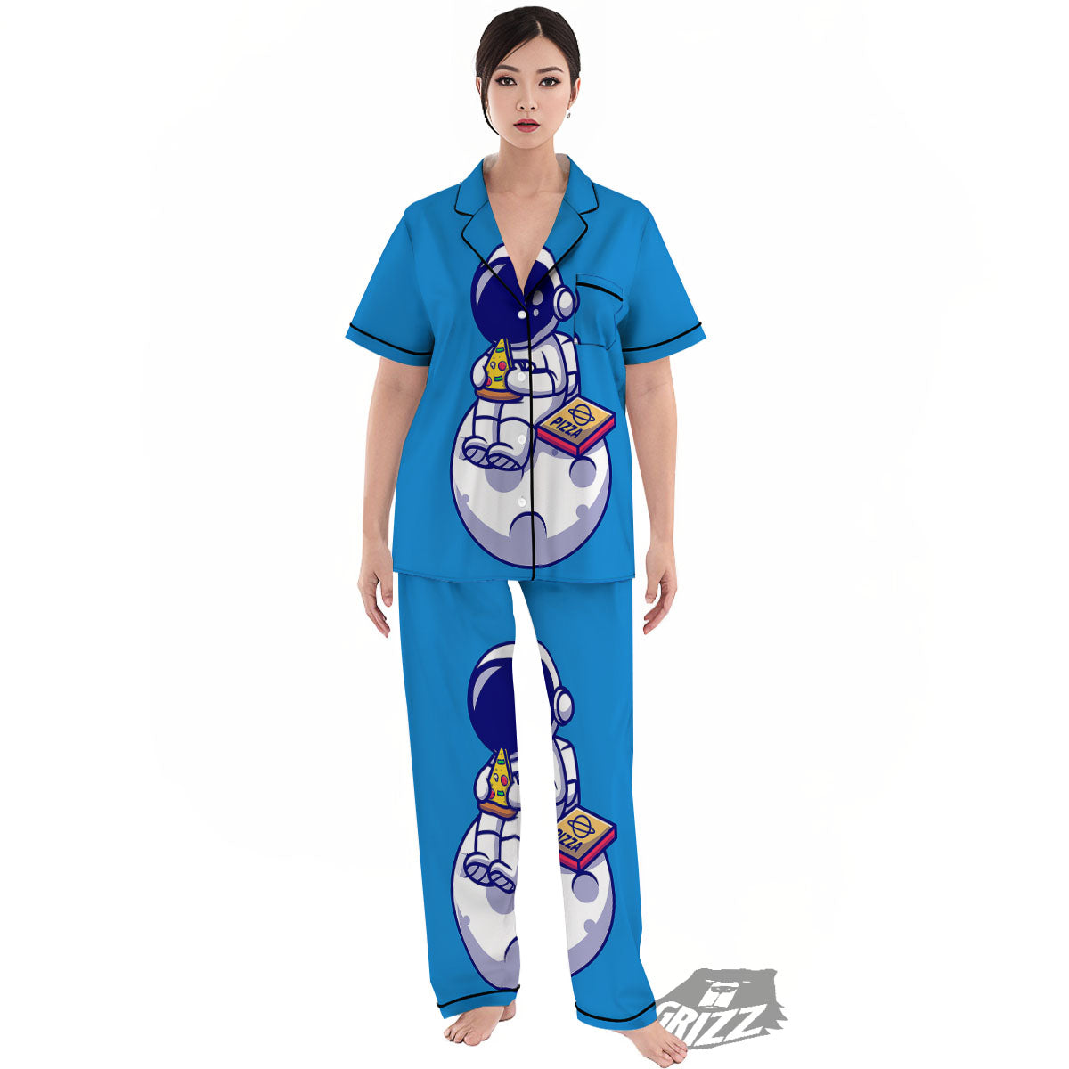 Cute Astronaut Eating Pizza Print Women's Pajamas Set-grizzshop