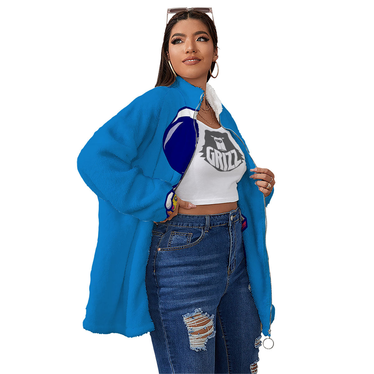 Cute Astronaut Eating Pizza Print Women's Sherpa Jacket-grizzshop