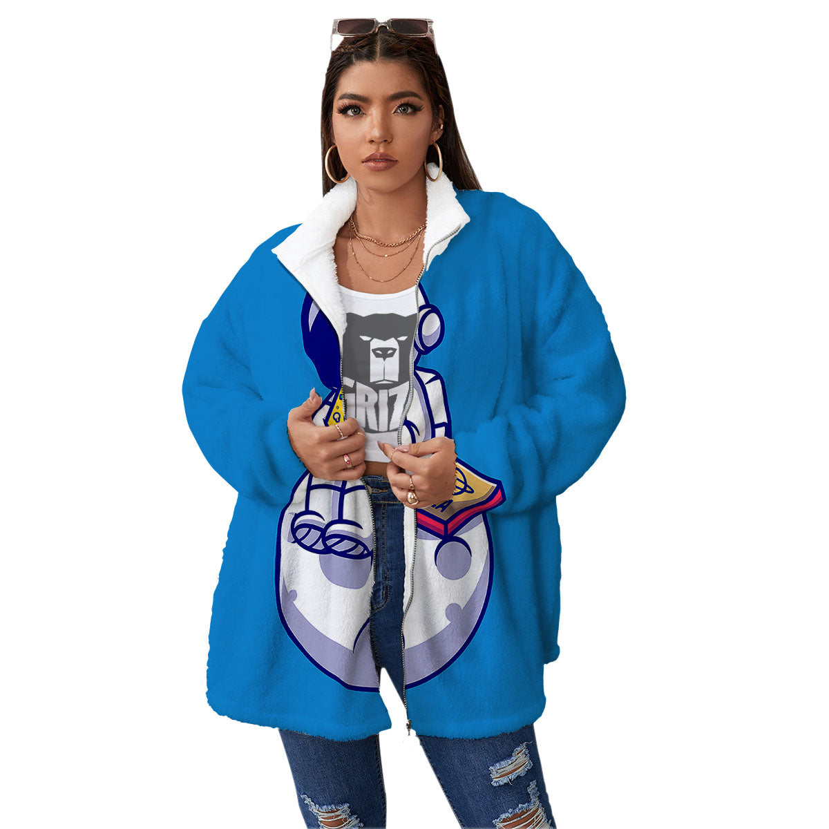Cute Astronaut Eating Pizza Print Women's Sherpa Jacket-grizzshop