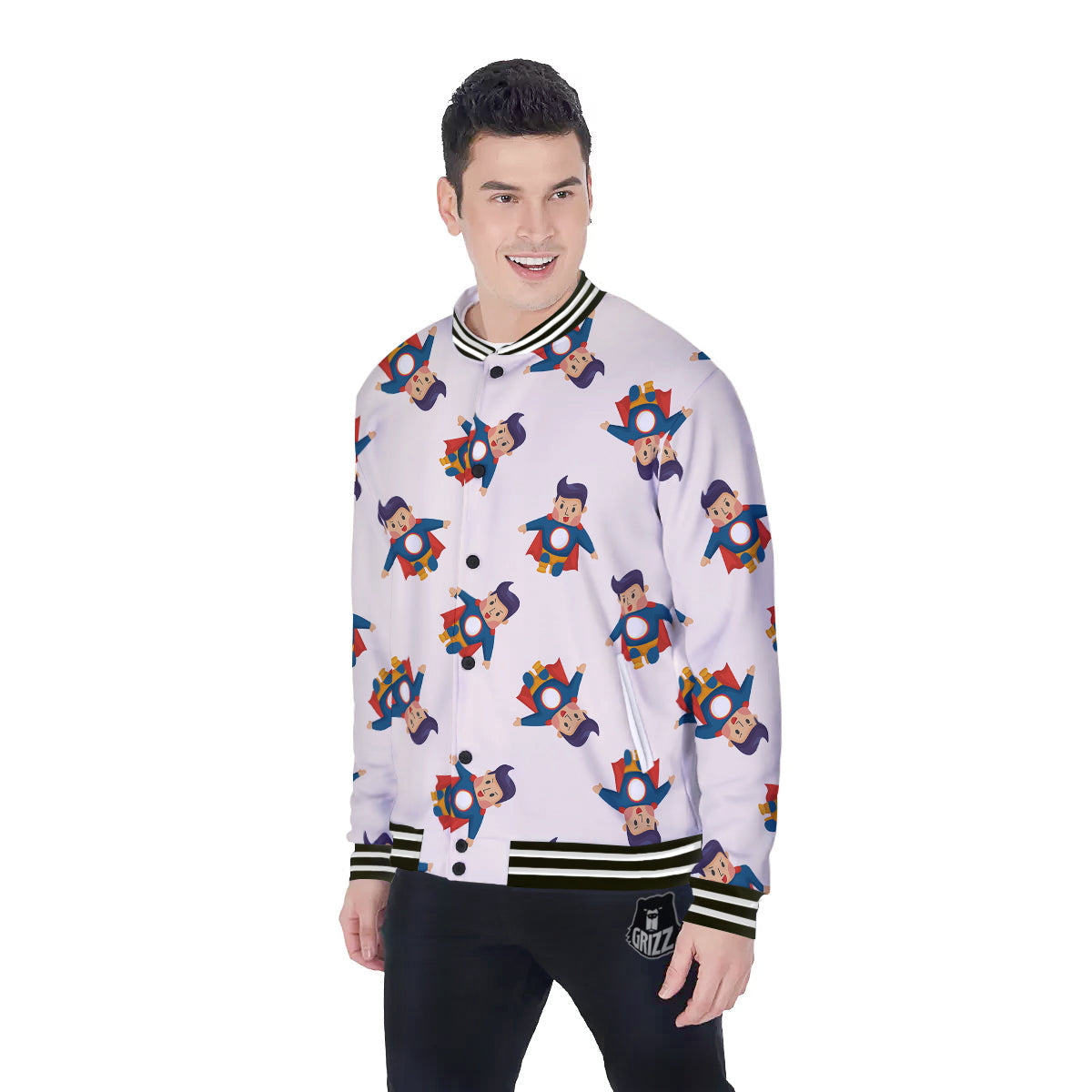 Cute Baby Hero Print Pattern Baseball Jacket-grizzshop
